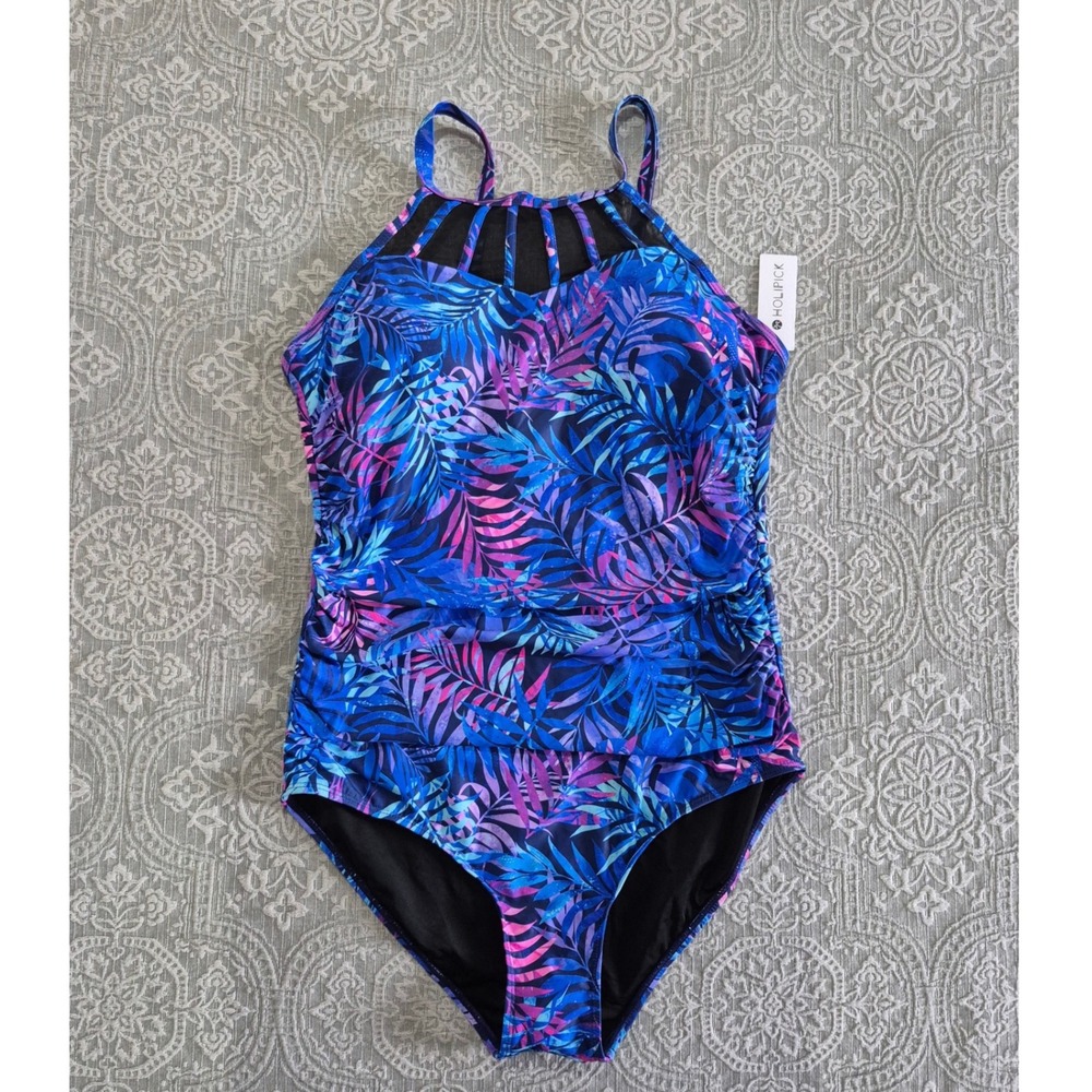 Holipick Womens One Piece Swimsuit Blue Purple Tropical Palm Mesh High Neck XL‎